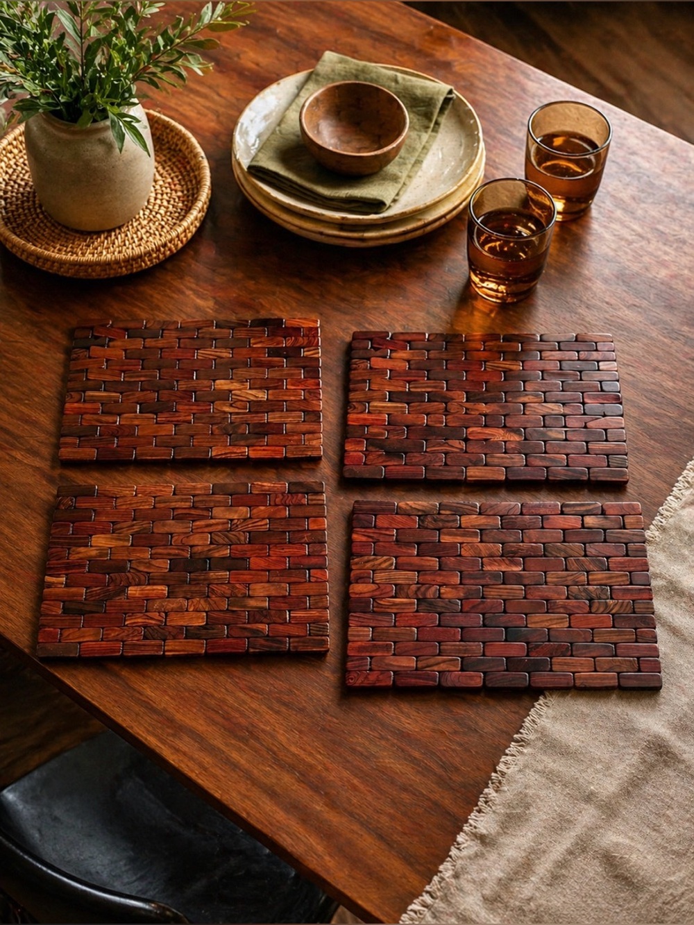 Vtg MCM Wood Trivets/Placemats Set 4 Costa Rican Style Mosaic Teak Rosewood Tone